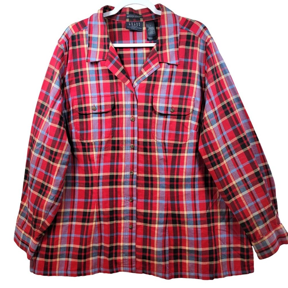 Crazy Horse Work Shirt Womens 3X Red‎ Plaid Stain Resistant Pockets Long Sleeve